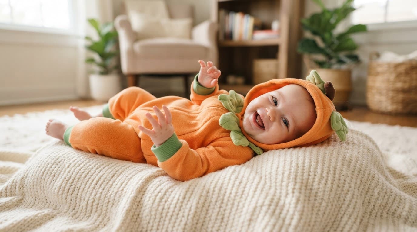Happy baby in a pumpkin bodysuit resting on a cream blanket.