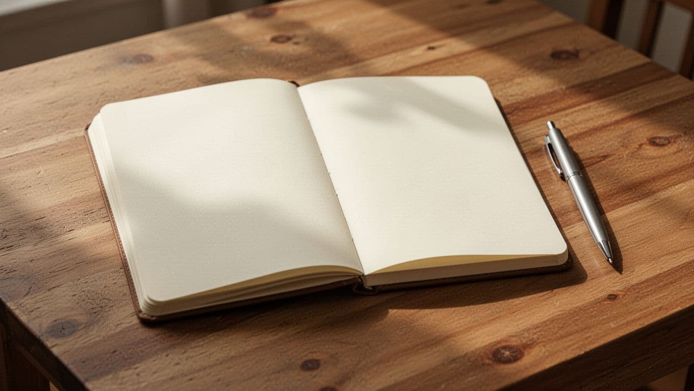 An open notebook and pen on a warmly lit wooden table.