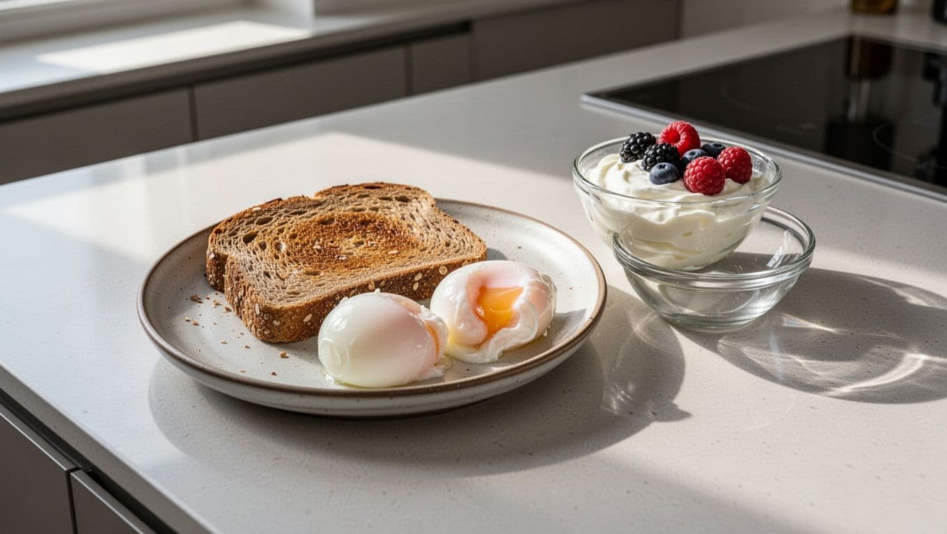 Greek yogurt, berries, toast, and eggs arranged on a kitchen counter.