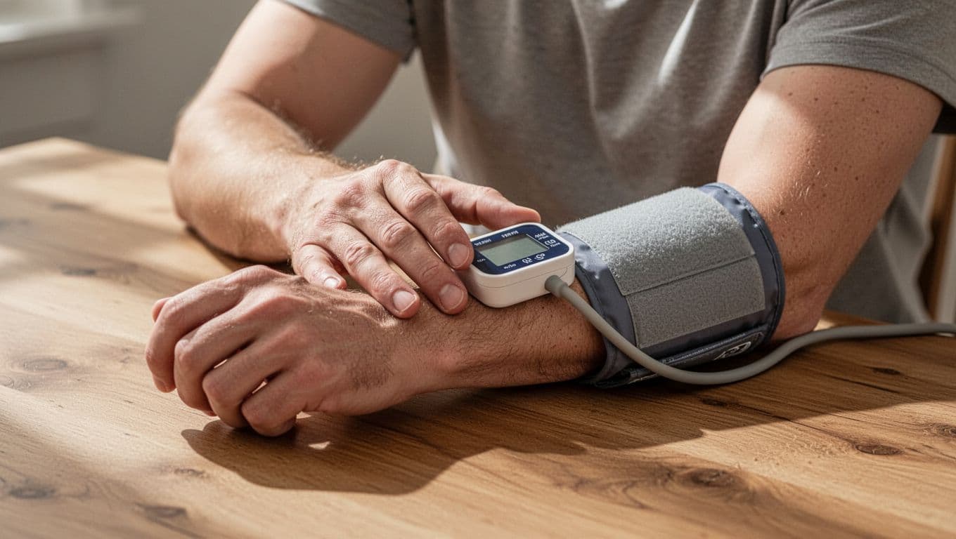 Person checking blood pressure with a digital monitor at a wooden table.