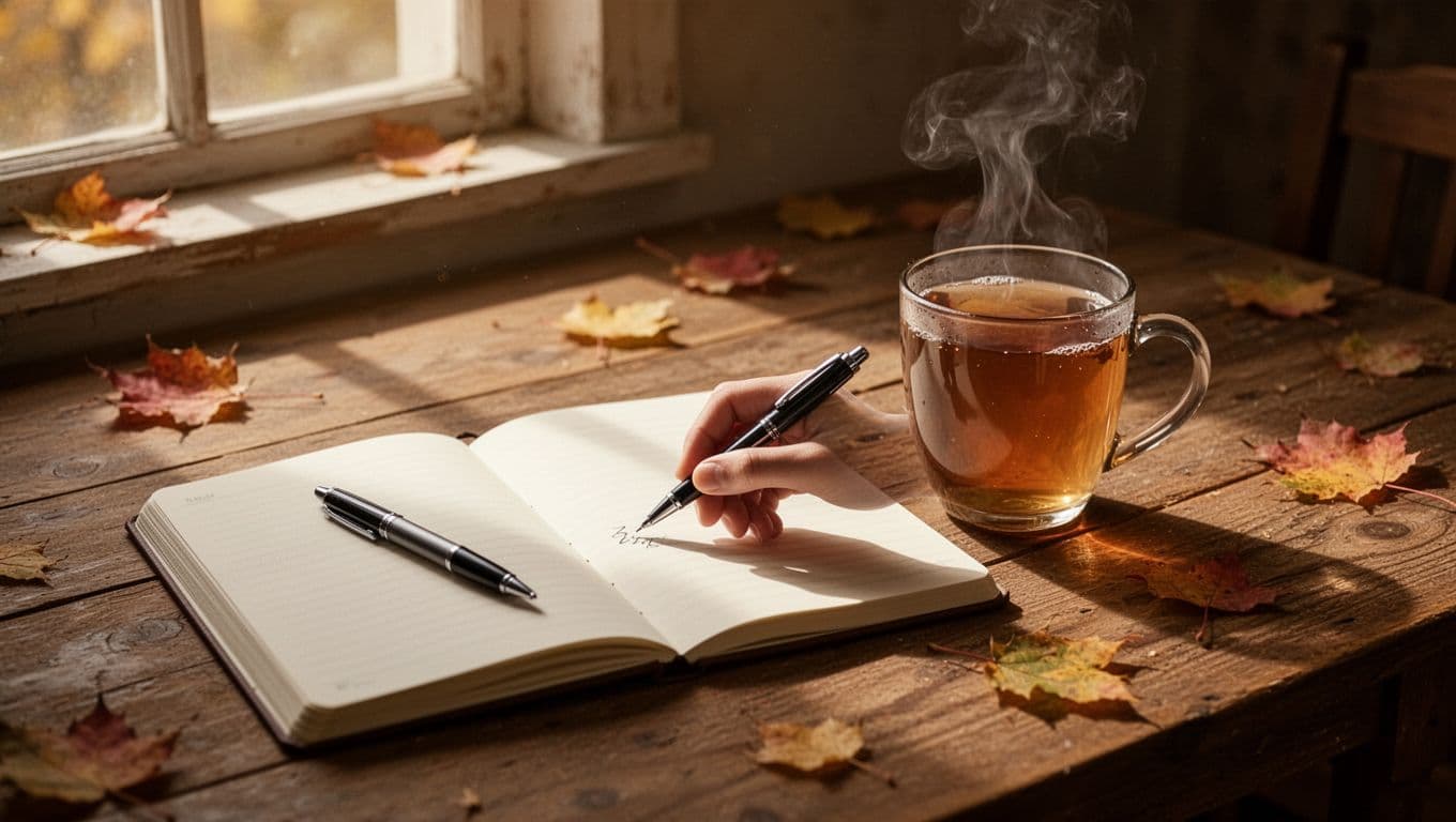 An open notebook, pen, and warm tea mug on a wooden table with an implied hand.