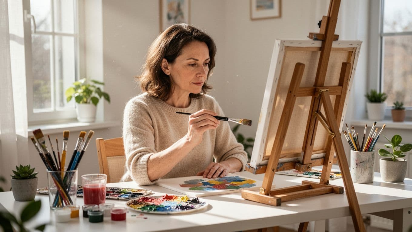 Person painting alone at a tidy desk near a bright window.