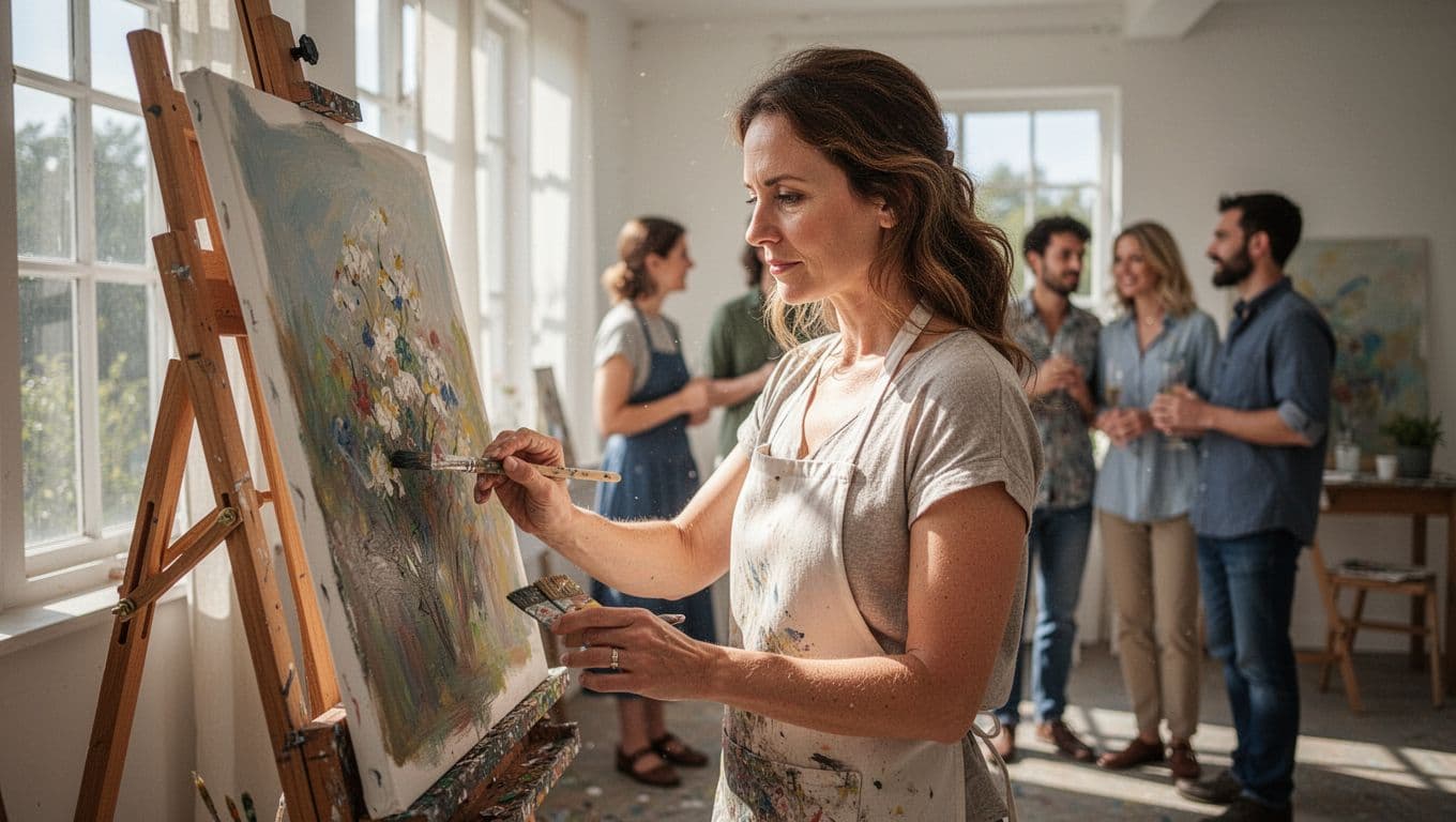 A woman paints at an easel while friends chat in the background.