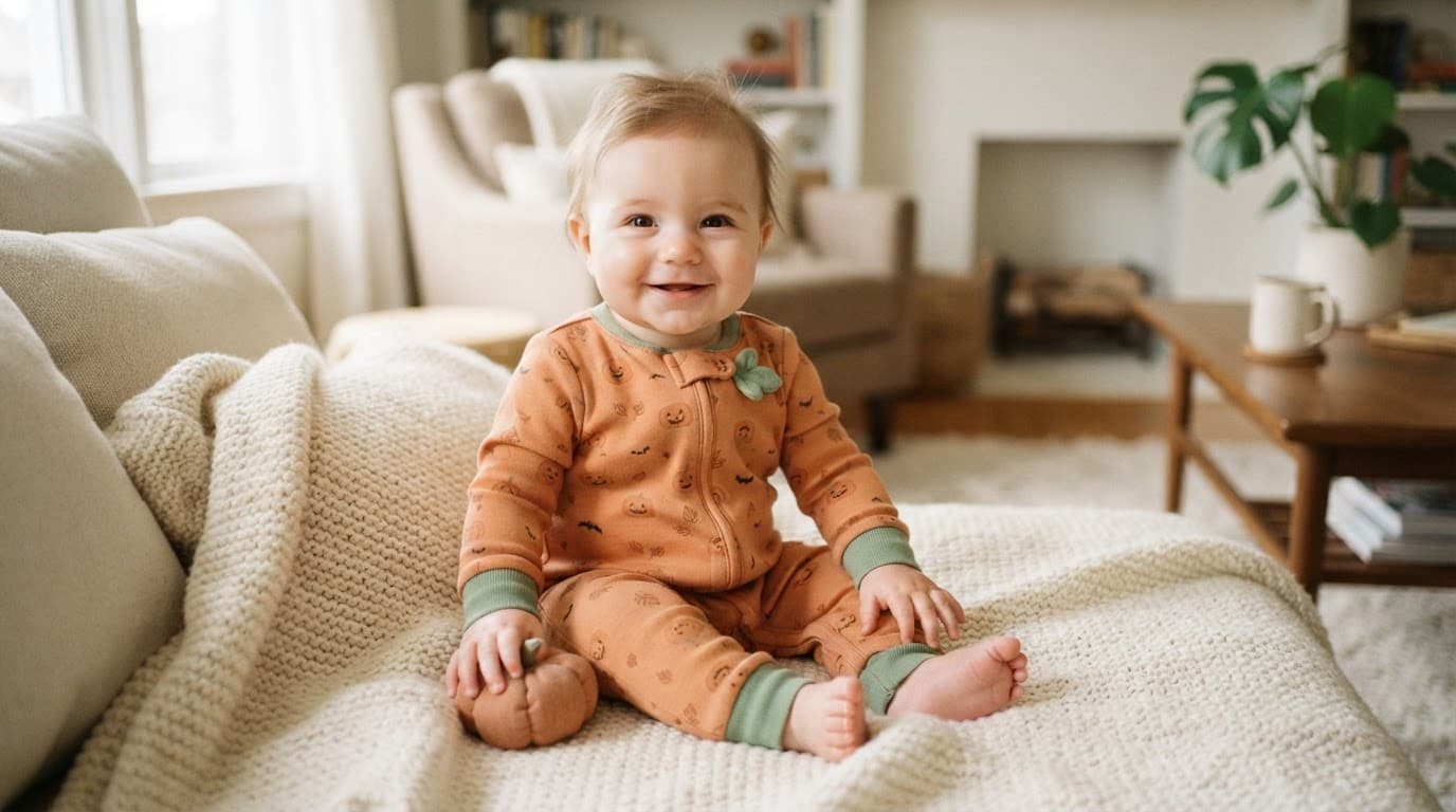 Relaxed baby in a pumpkin sleeper sitting on a cream blanket.