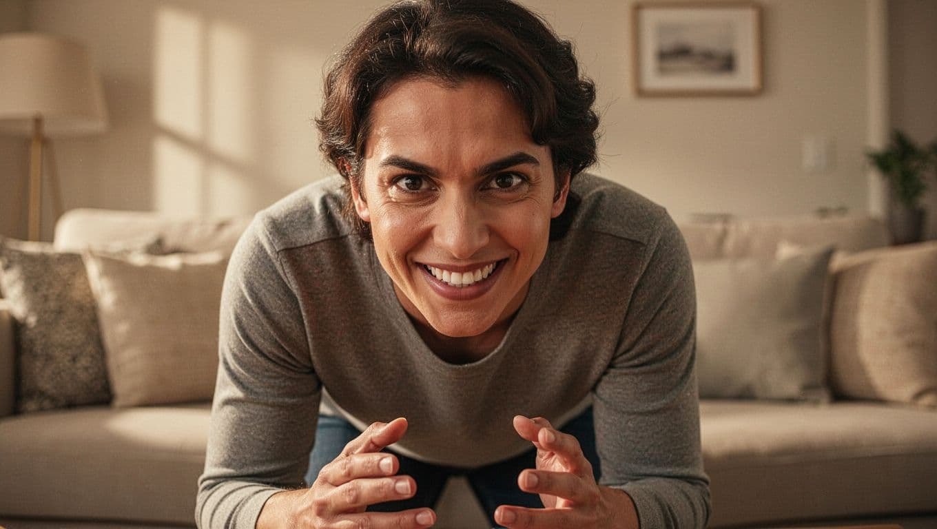 A person leans close with an intense smile in a warm indoor setting.