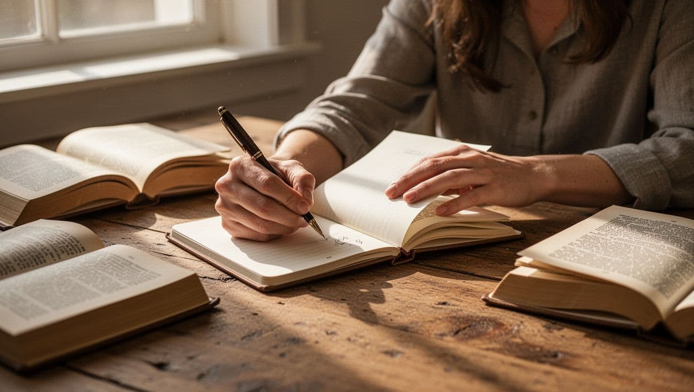 Person writing in an open journal beside books on a wooden desk.