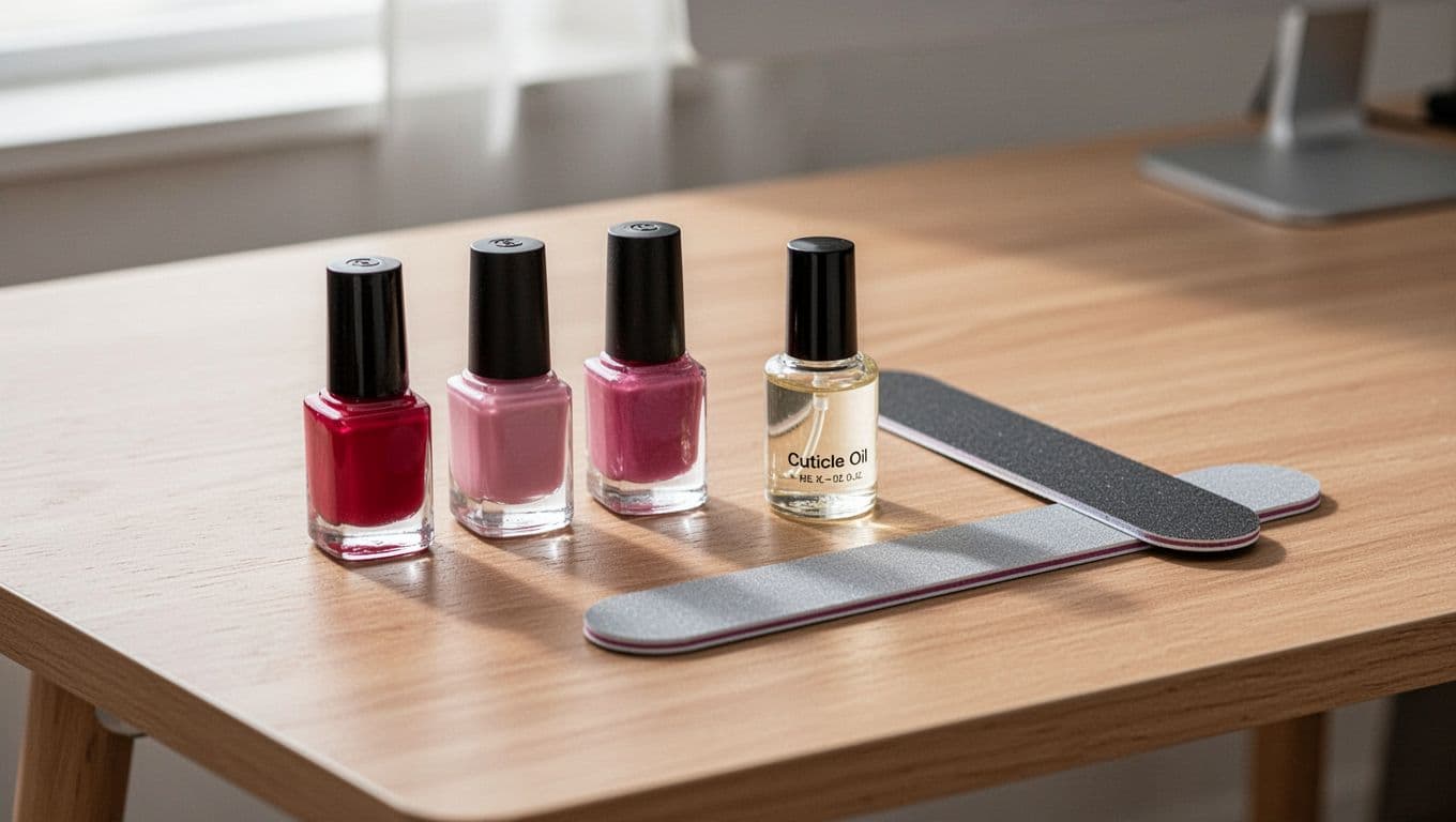Nail polish, cuticle oil, and a file arranged on a clean desk.