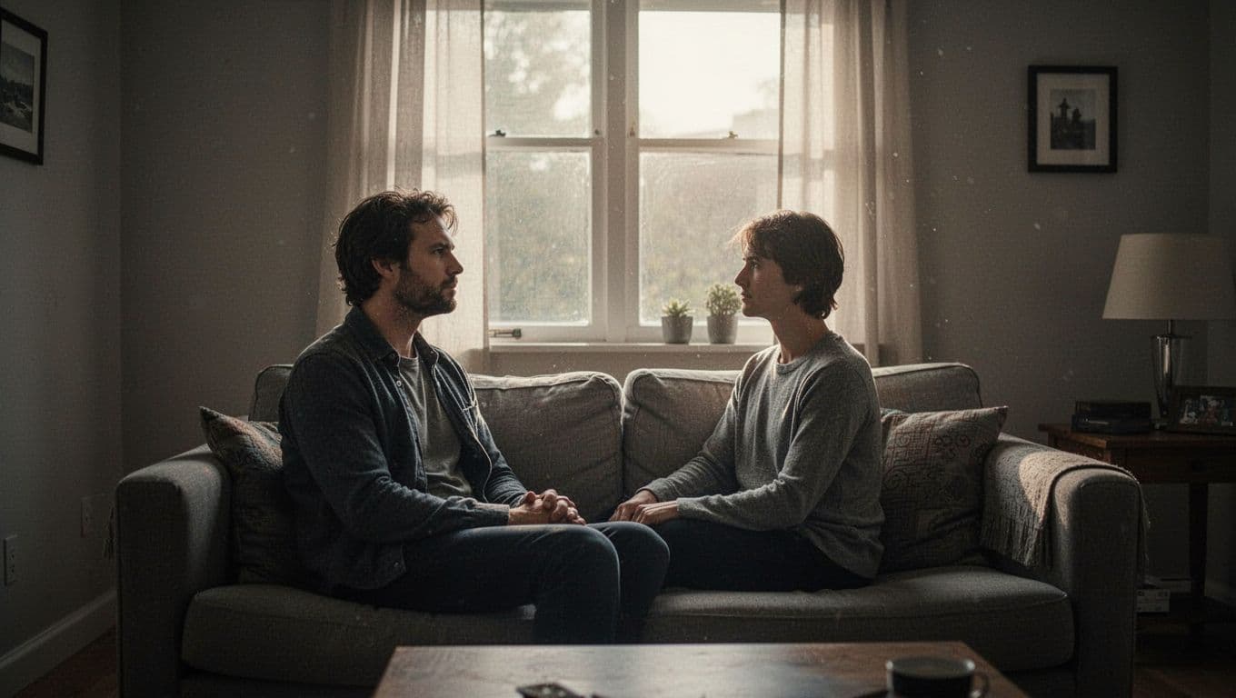 A man sits alone in a dim living room, looking out the window.