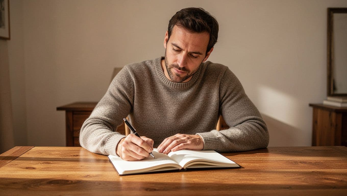 Thoughtful man writing in a notebook at a wooden desk.