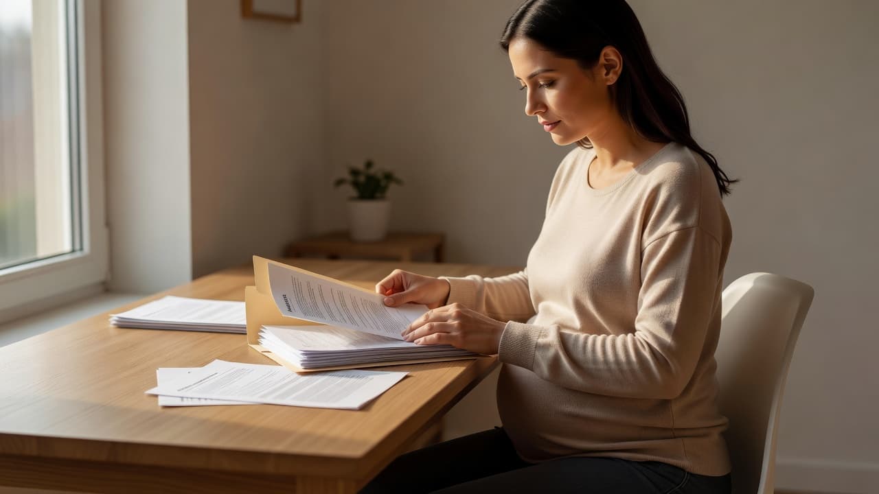 A pregnant woman sitting at a desk organizing papers into a folder.