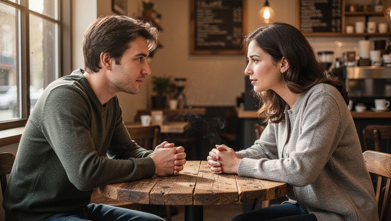 Two people share a thoughtful conversation at a rustic table in a warmly lit coffee shop.