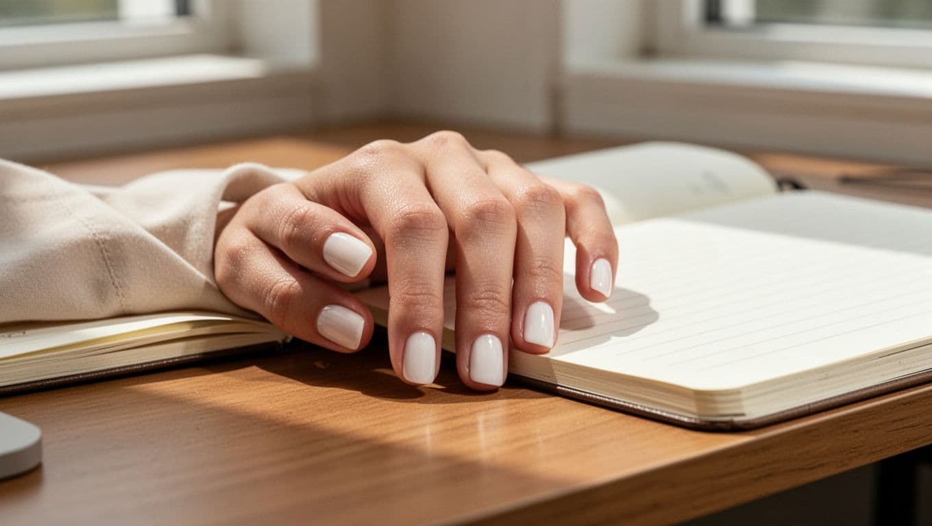 Short natural nails with milky white polish rest beside a notebook on a wooden desk.