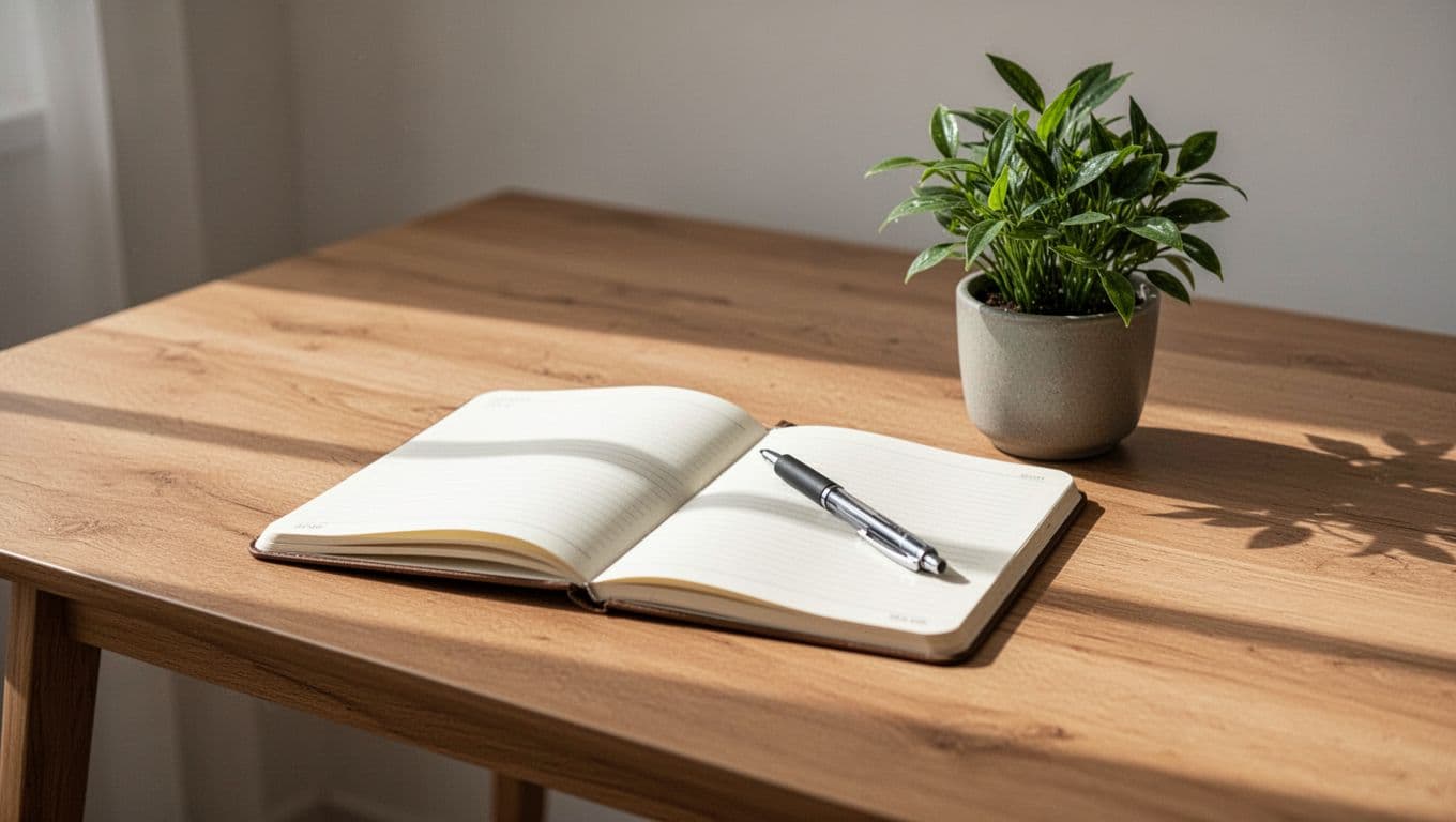 A wooden desk with a notebook, pen, and green plant in sunlight.