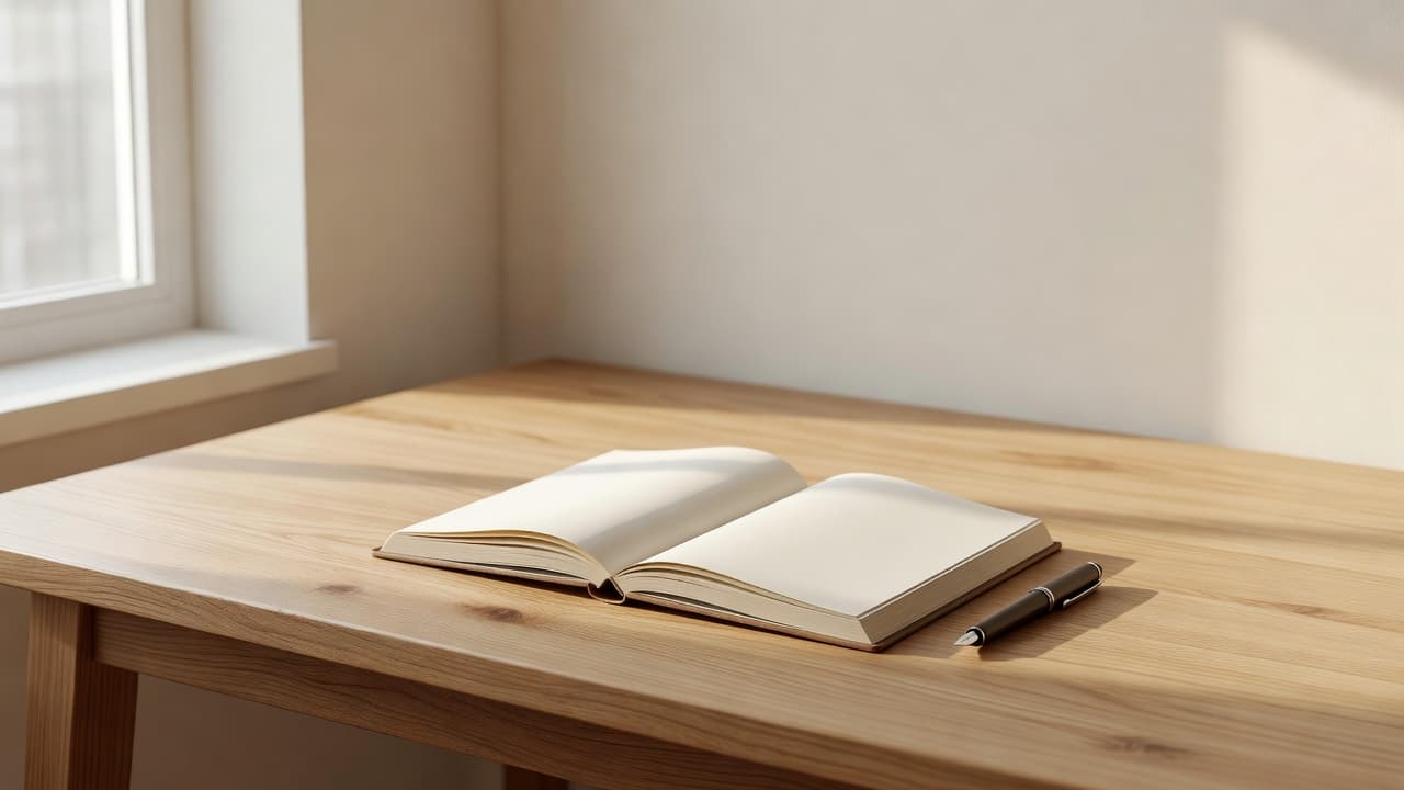 An open journal and a pen resting on a wooden desk in the morning sun.