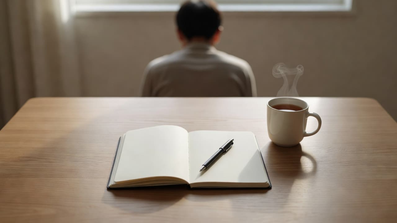 An open notebook and tea cup on a wooden desk with morning light.