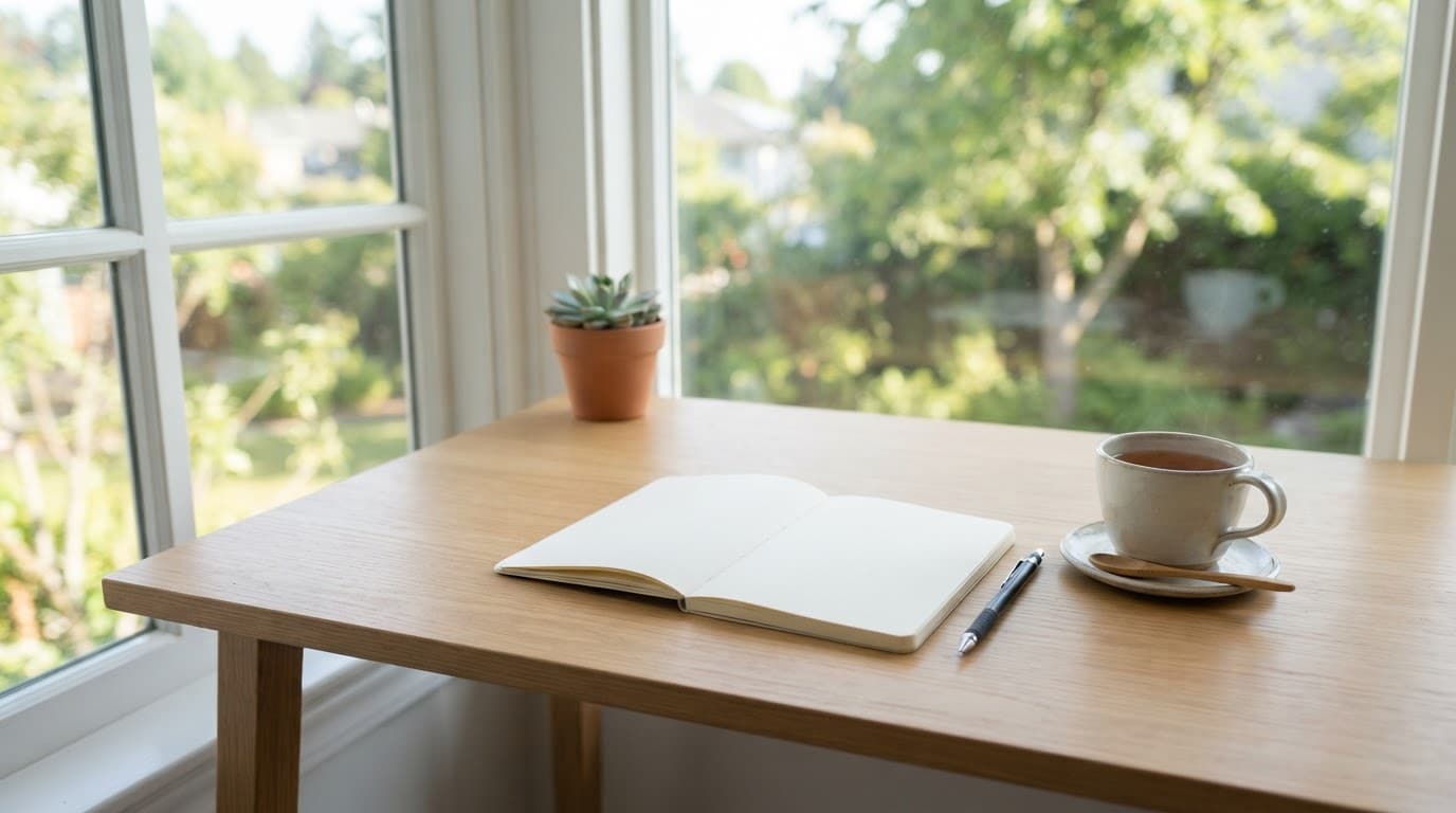 A notebook and cup of tea sit on a clean desk by a bright window.