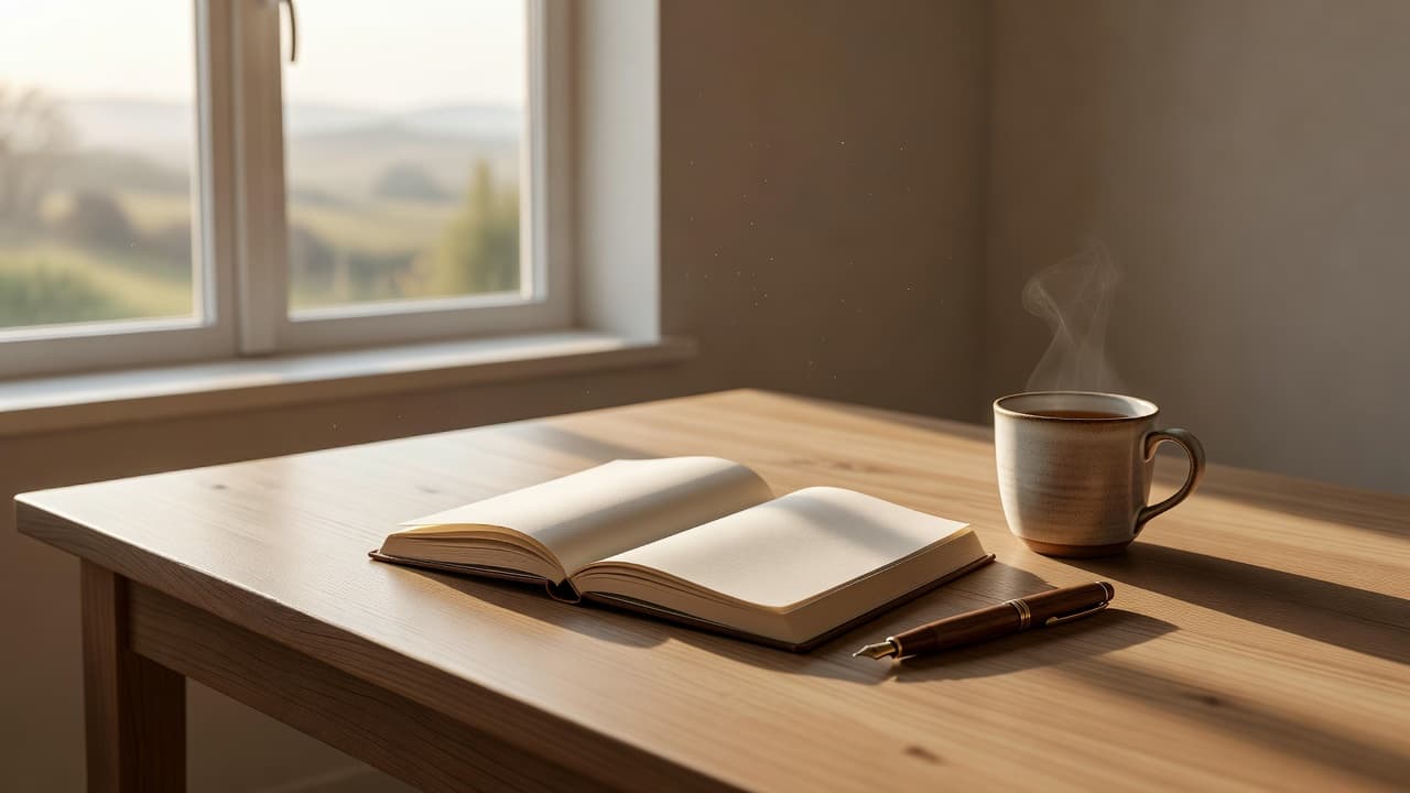 An open journal, pen, and tea mug sit on a wooden desk near a sunny window.