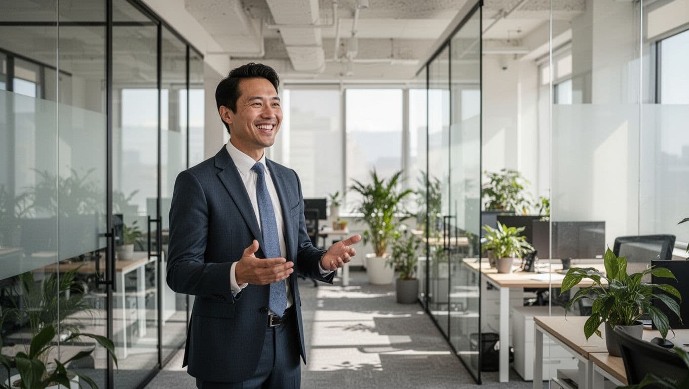 A professional gestures while speaking in a bright modern office.