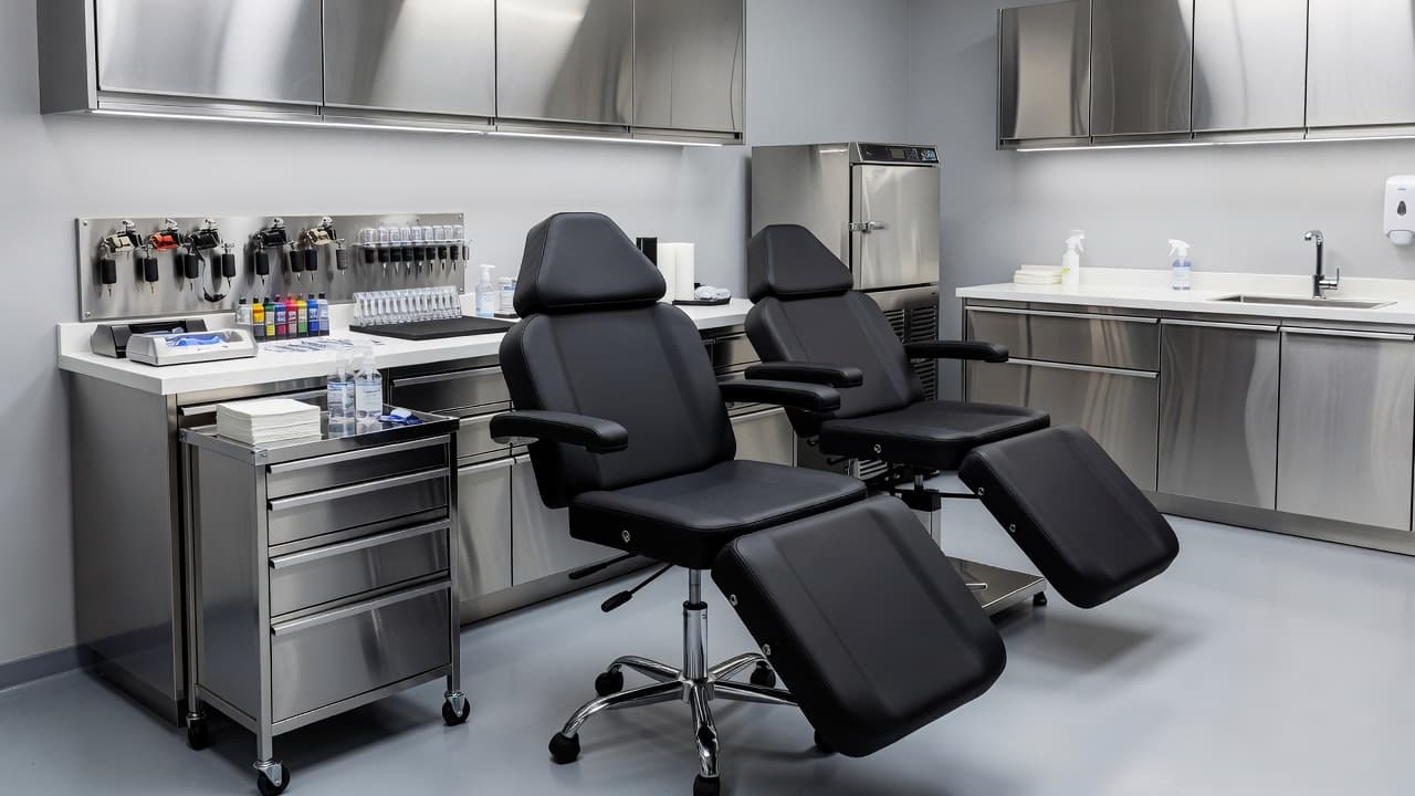 A clean tattoo workstation with stainless steel equipment and bright lighting.