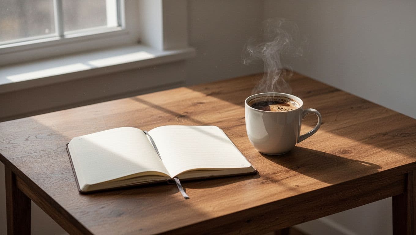 A wooden desk with a notebook and coffee in soft morning window light.