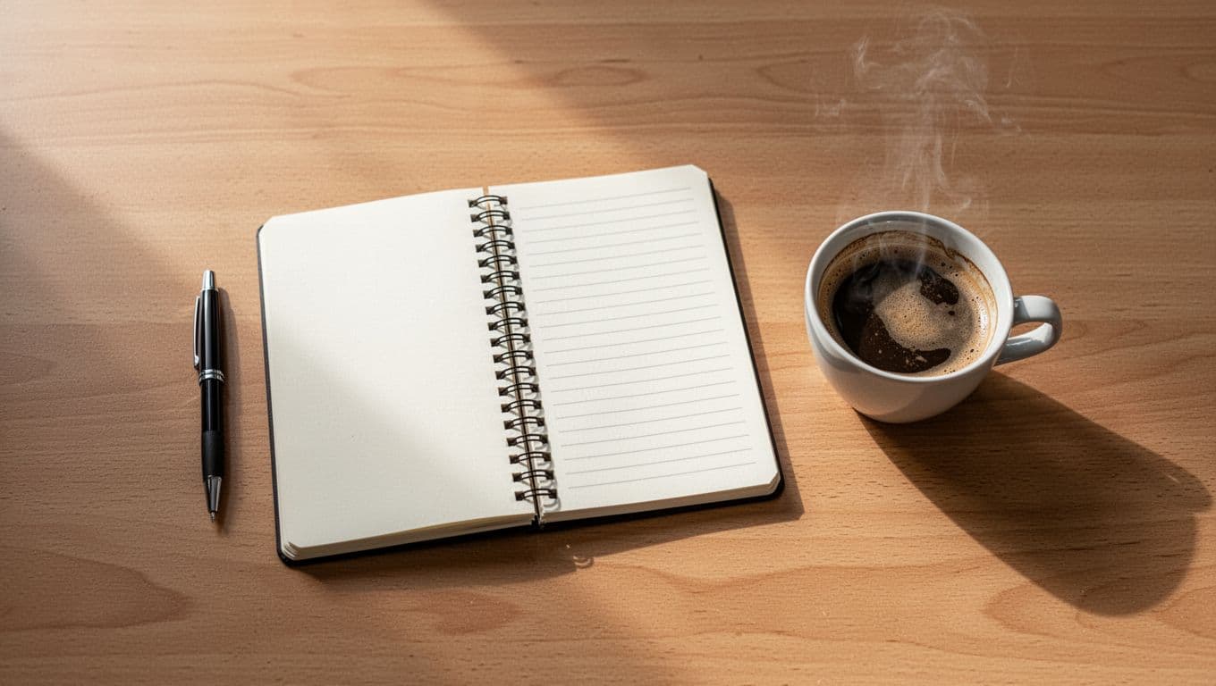 A notebook, pen, and coffee cup arranged on a wooden desk in morning light.