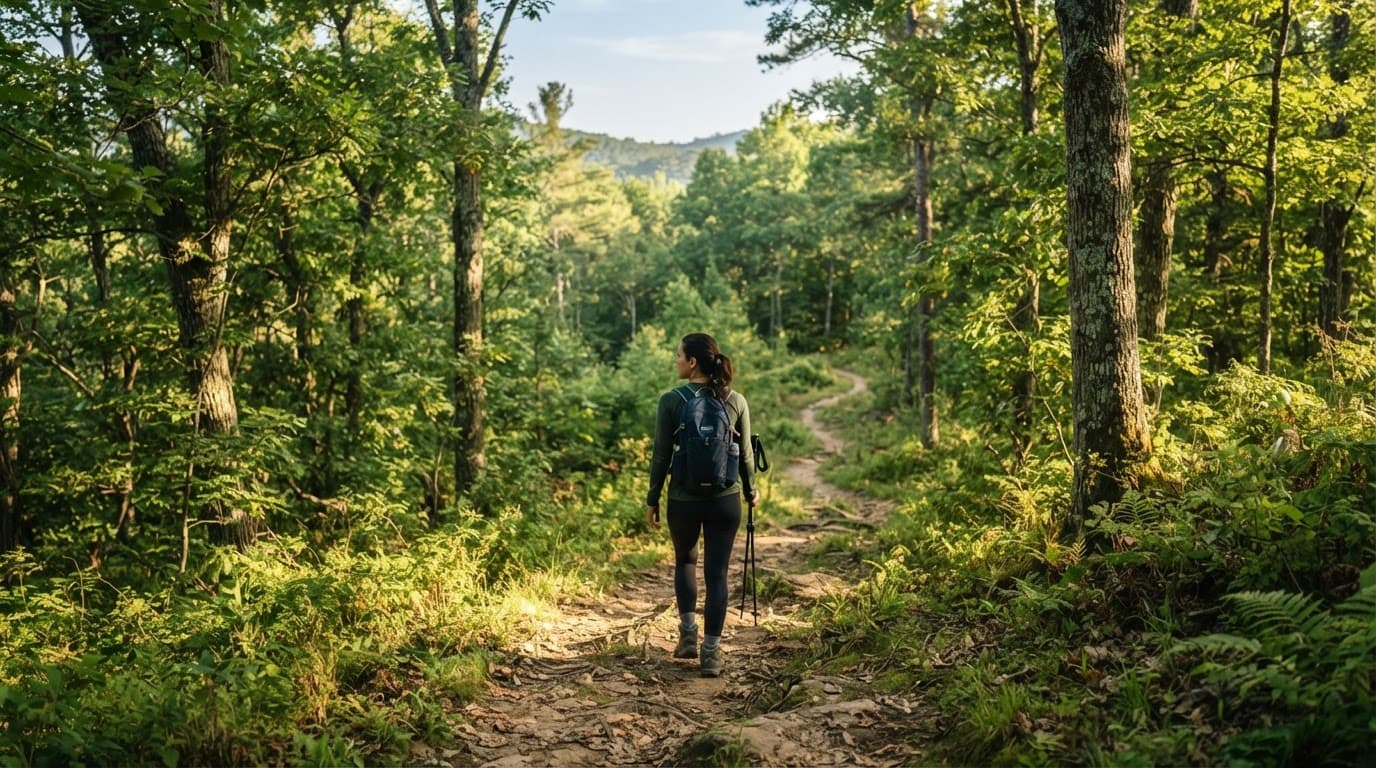 A person walking alone on a tree-lined hiking trail in morning light.
