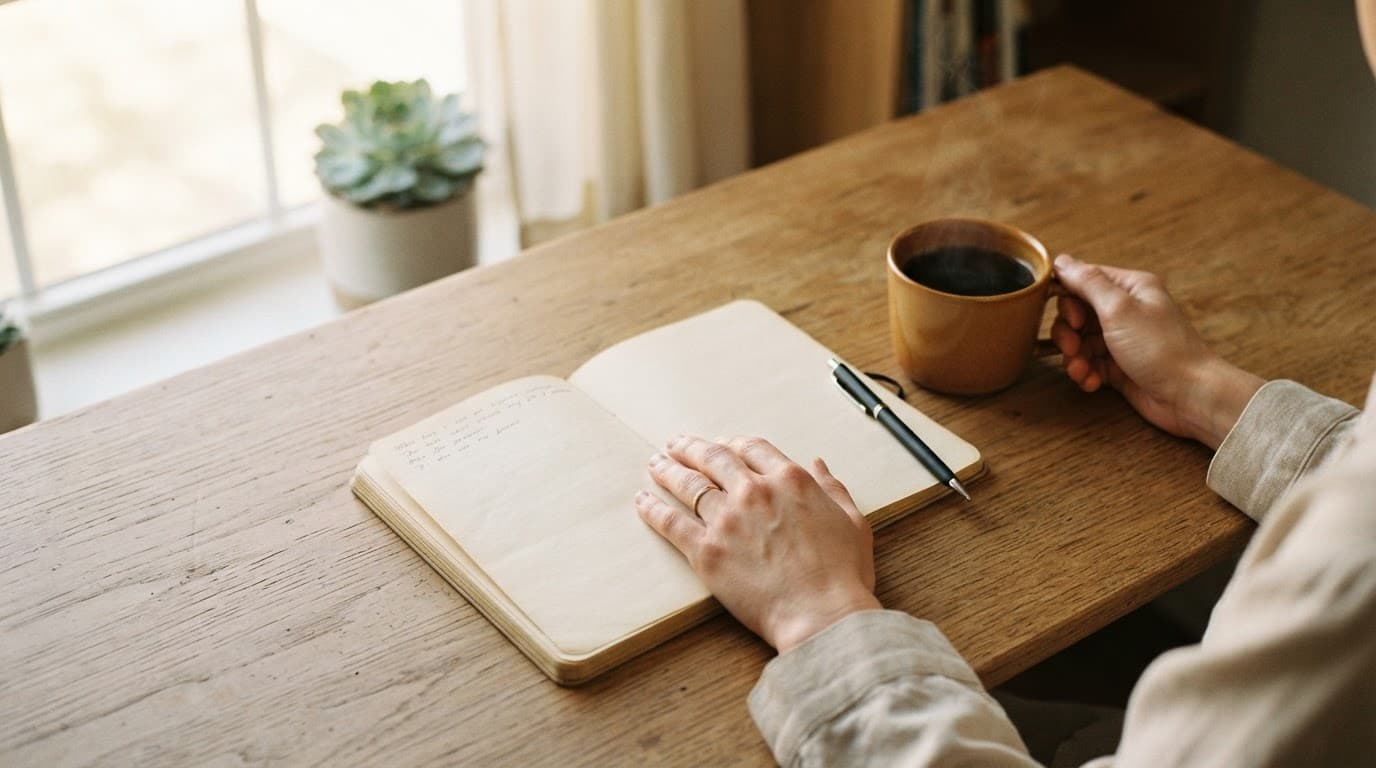 Open journal, pen, and coffee on a wooden desk in soft morning light.