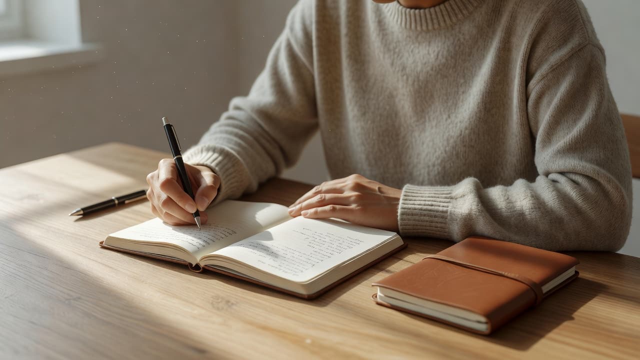 A person writing in a journal at a sunny wooden desk.