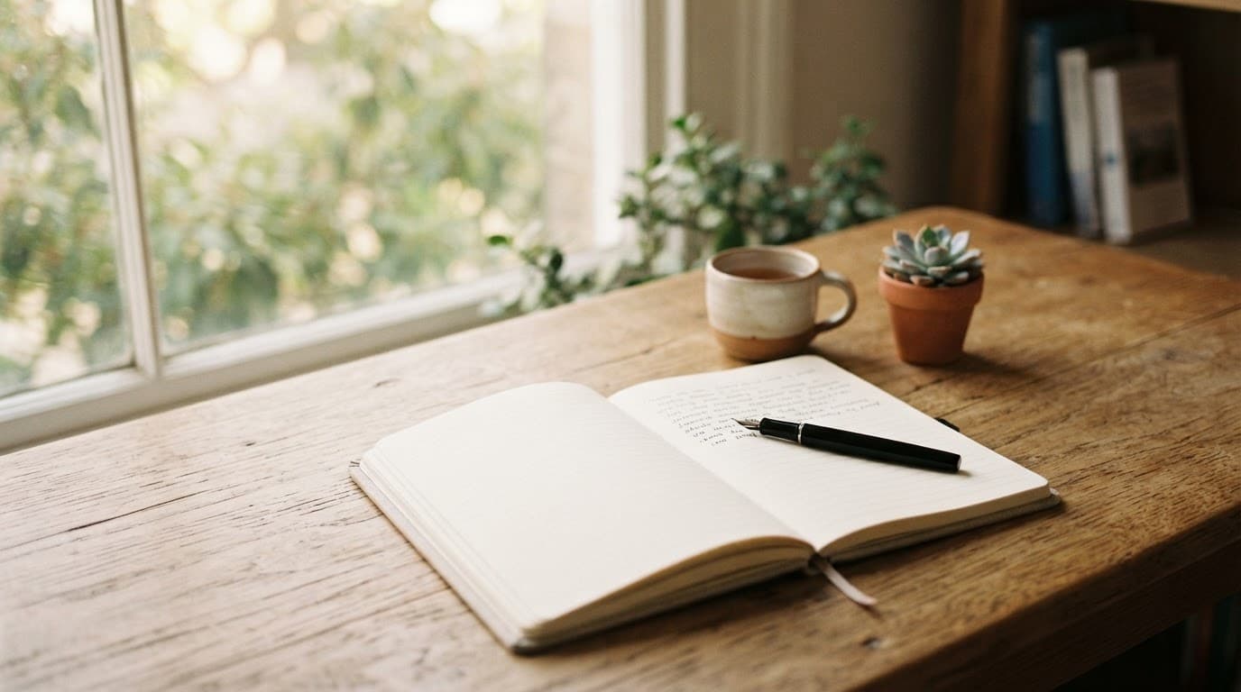 Open notebook and pen on a wooden desk in soft morning light.