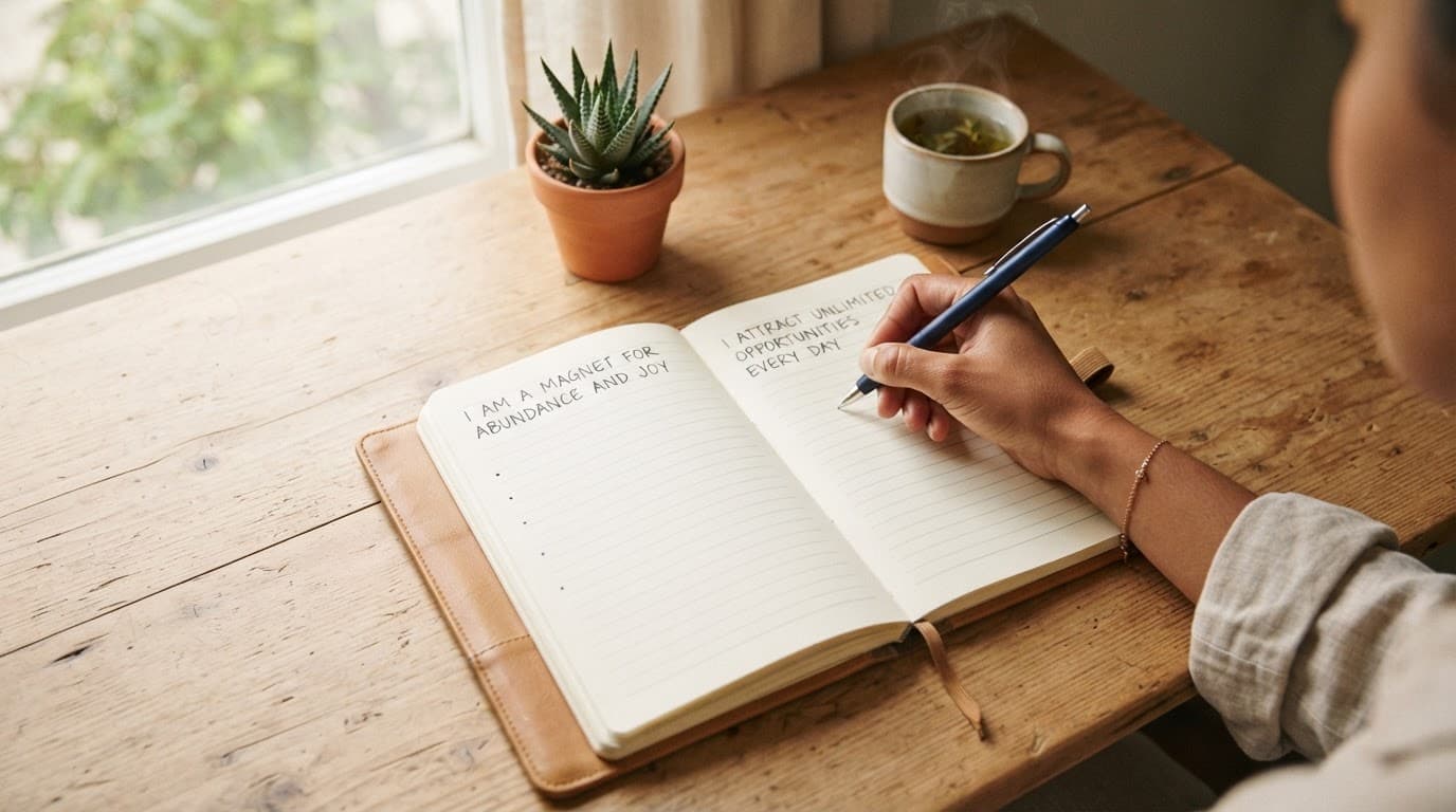 A hand writes in an open notebook on a sunlit wooden desk.