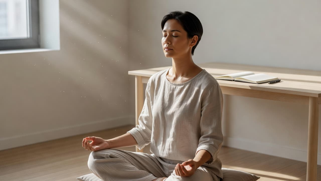 A person meditating calmly in a sunlit room beside a minimalist desk.