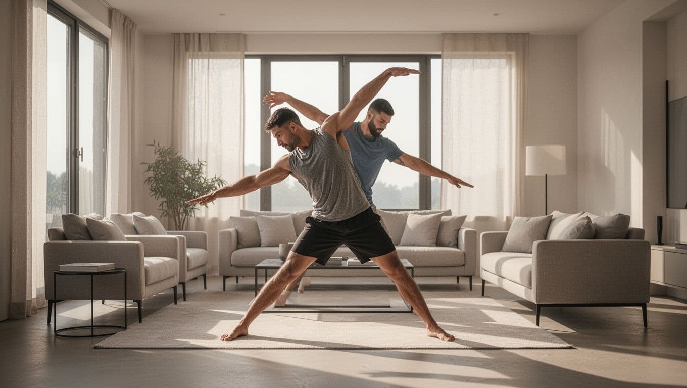 A fit man stretches on a living room floor in morning sunlight.