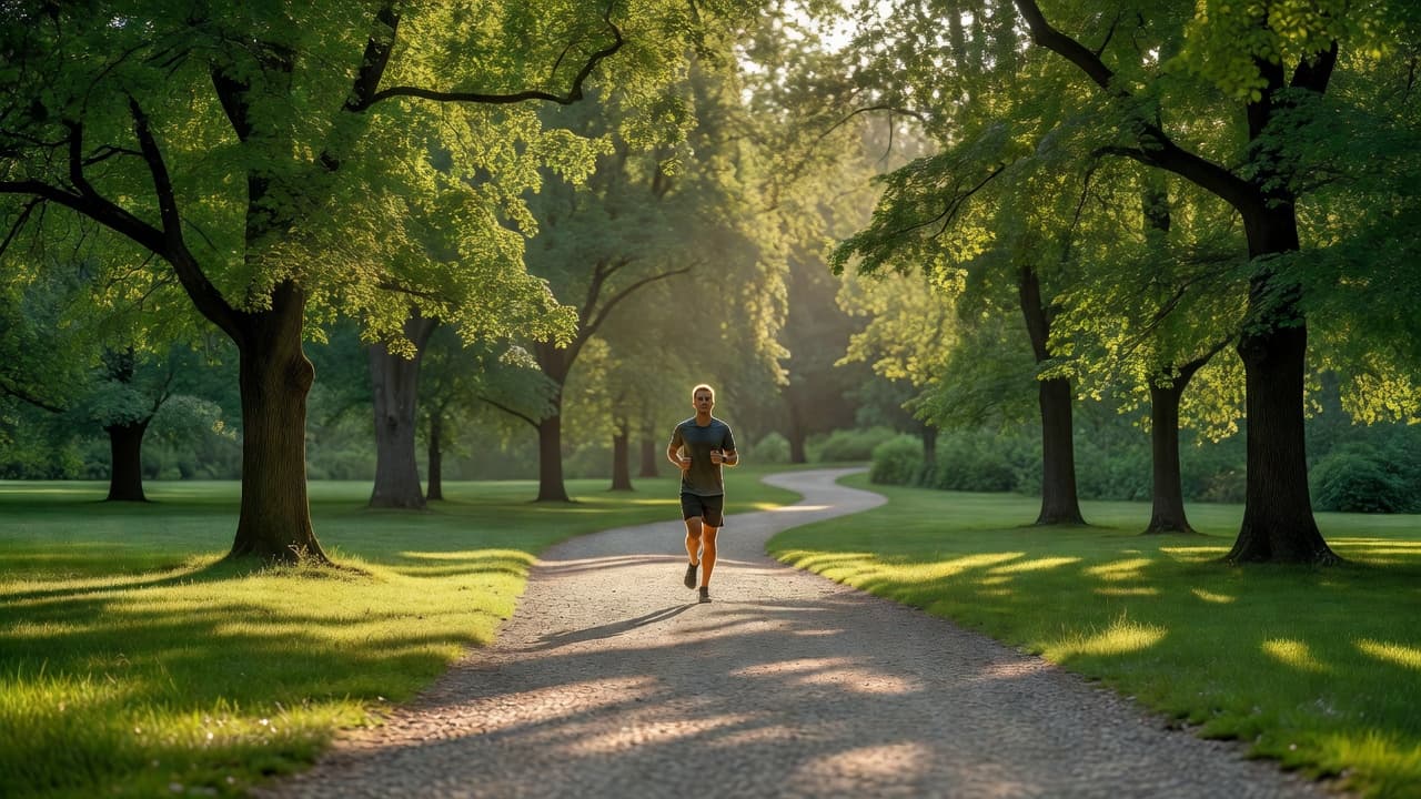 A person jogs along a tree-lined dirt path in the early morning sunlight.