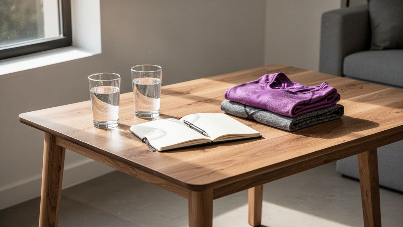 Table with water, an open notebook, and folded workout clothes in morning sunlight.