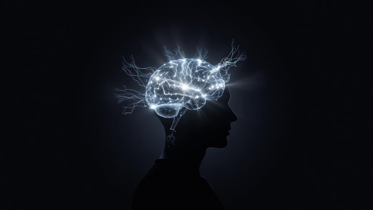 A human head silhouette filled with glowing blue neural pathways and synapses.