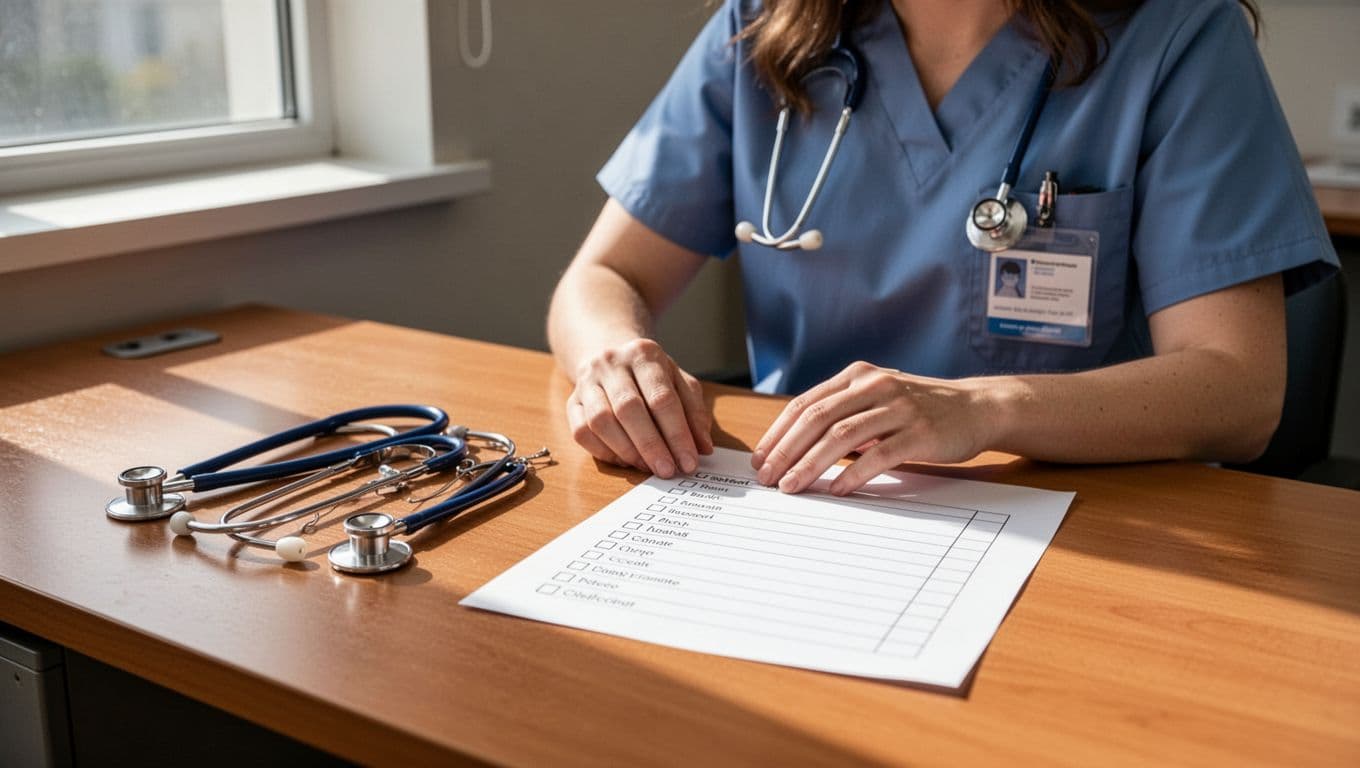 A nursing student arranges clinical tools and a checklist on a wooden desk.