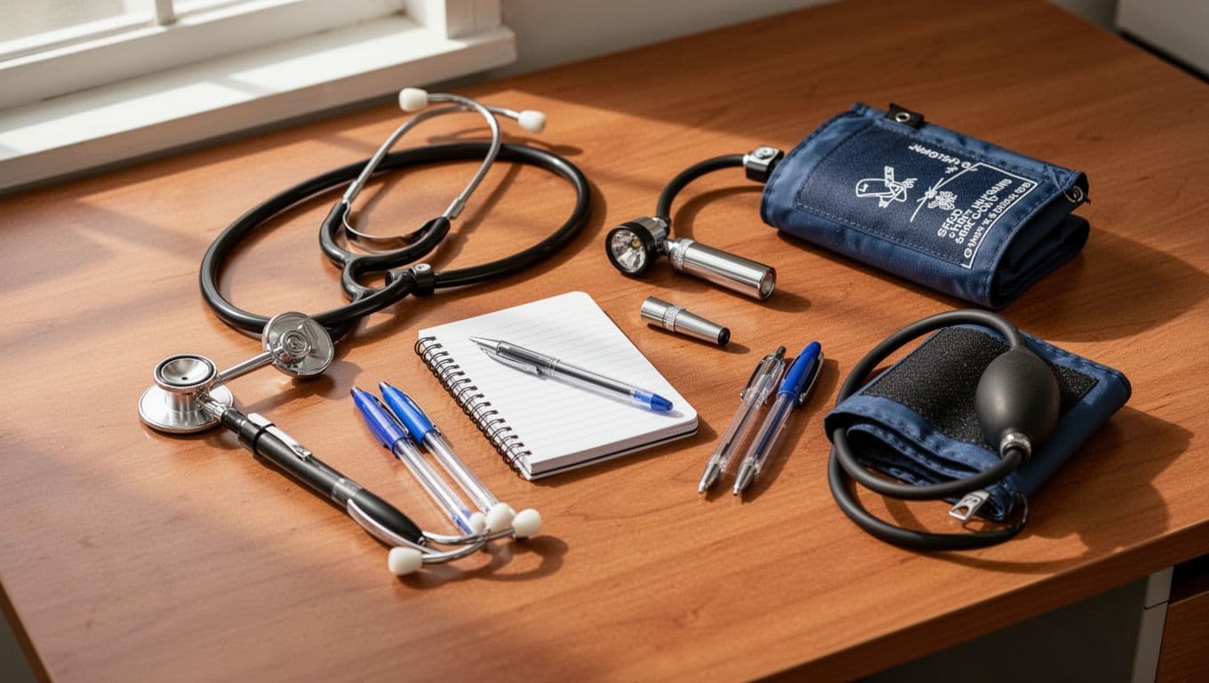 Nursing tools and supplies arranged on a wooden desk.