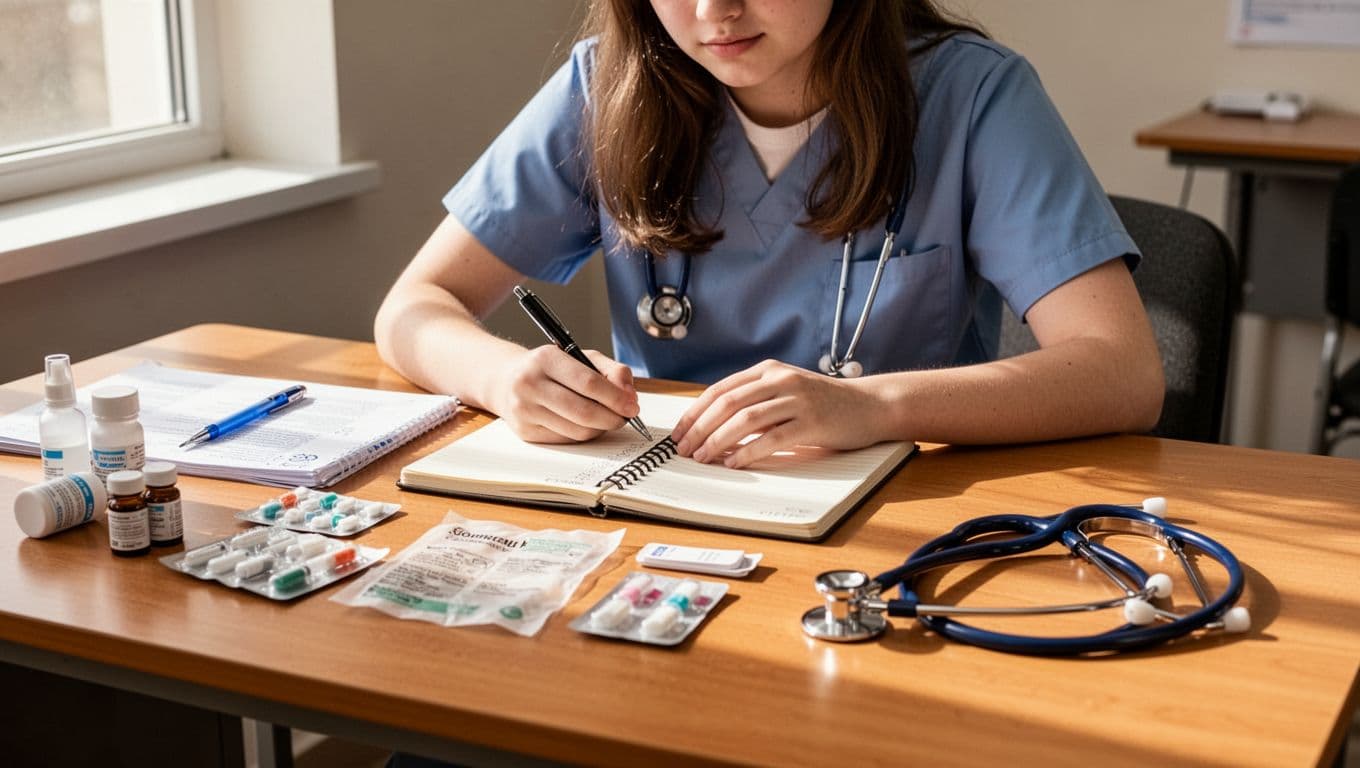Nursing student reviewing supplies beside a notebook, pen, and stethoscope.