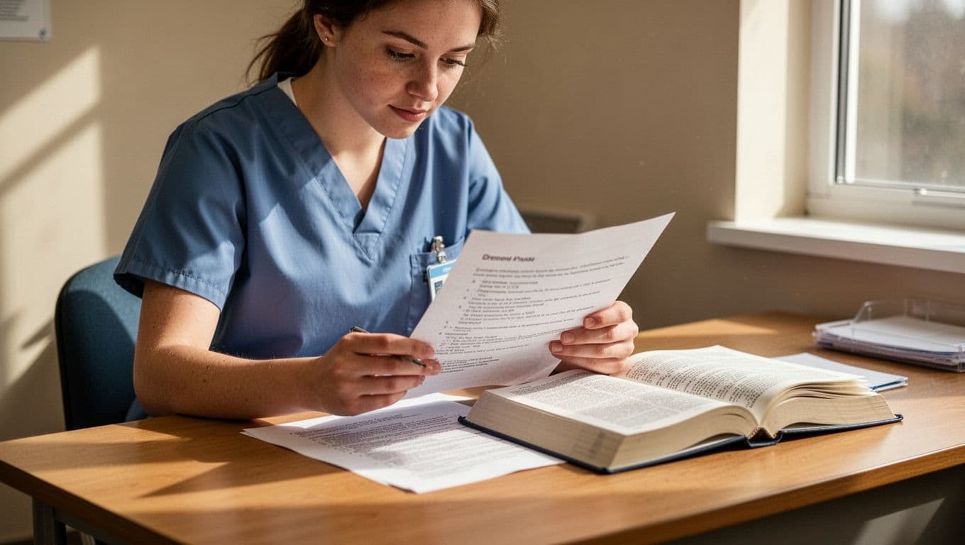 Nursing student checking a printed checklist beside an open textbook at a wooden desk.