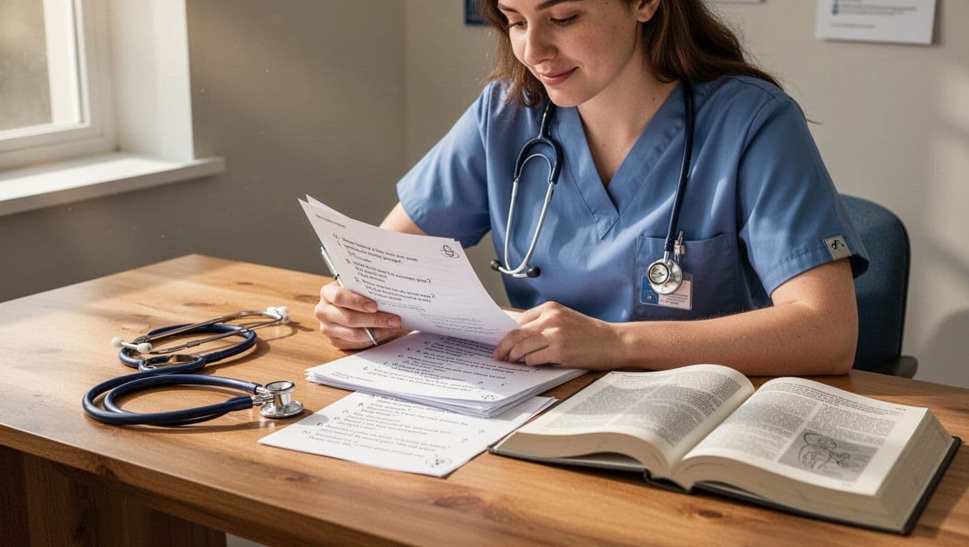 Nursing student reviewing notes beside a textbook and stethoscope at a wooden desk.