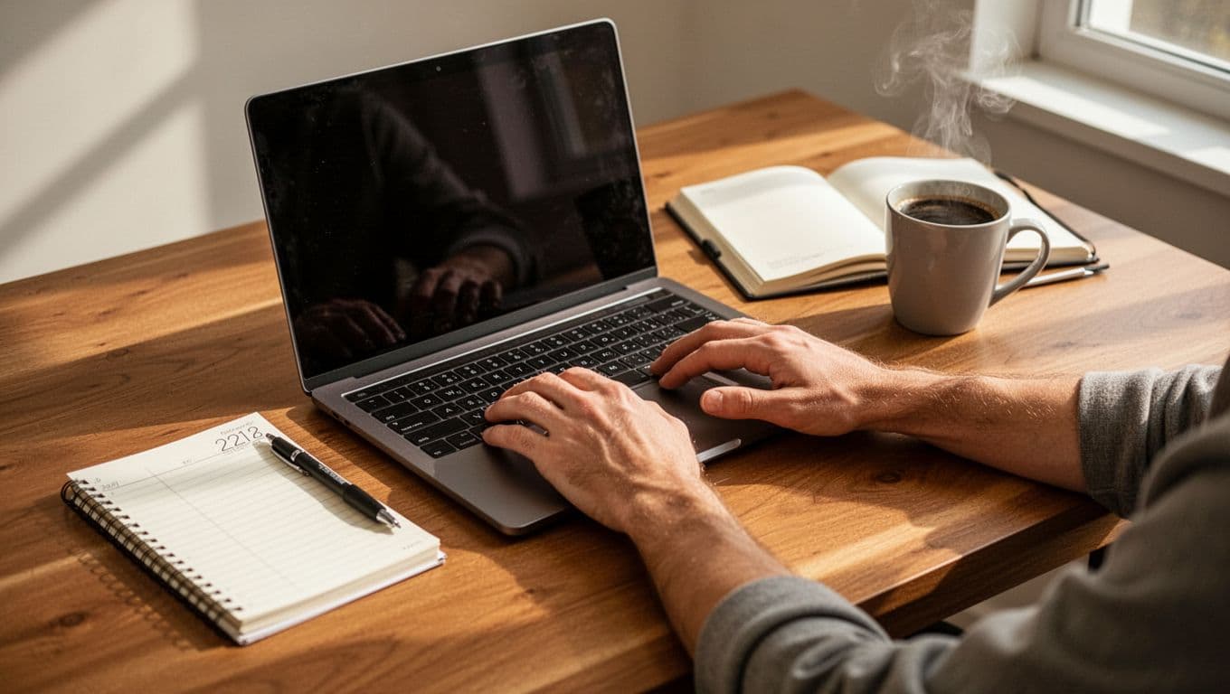 Laptop, planner, notebook, textbooks, and coffee on a desk with hands near the keyboard.