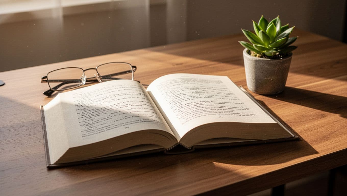 An open book, reading glasses, and a small plant sit on a sunlit wooden desk.