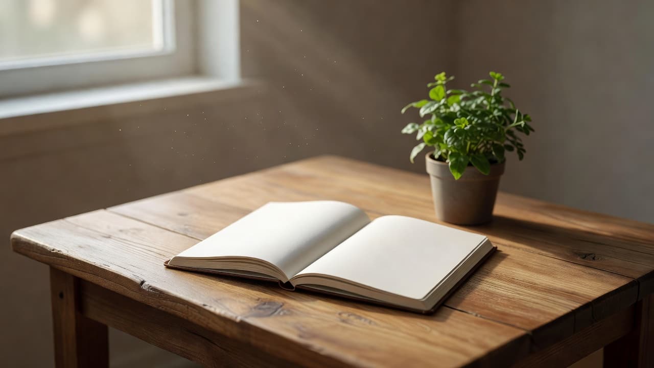 An open notebook and a small plant on a wooden table in morning light.
