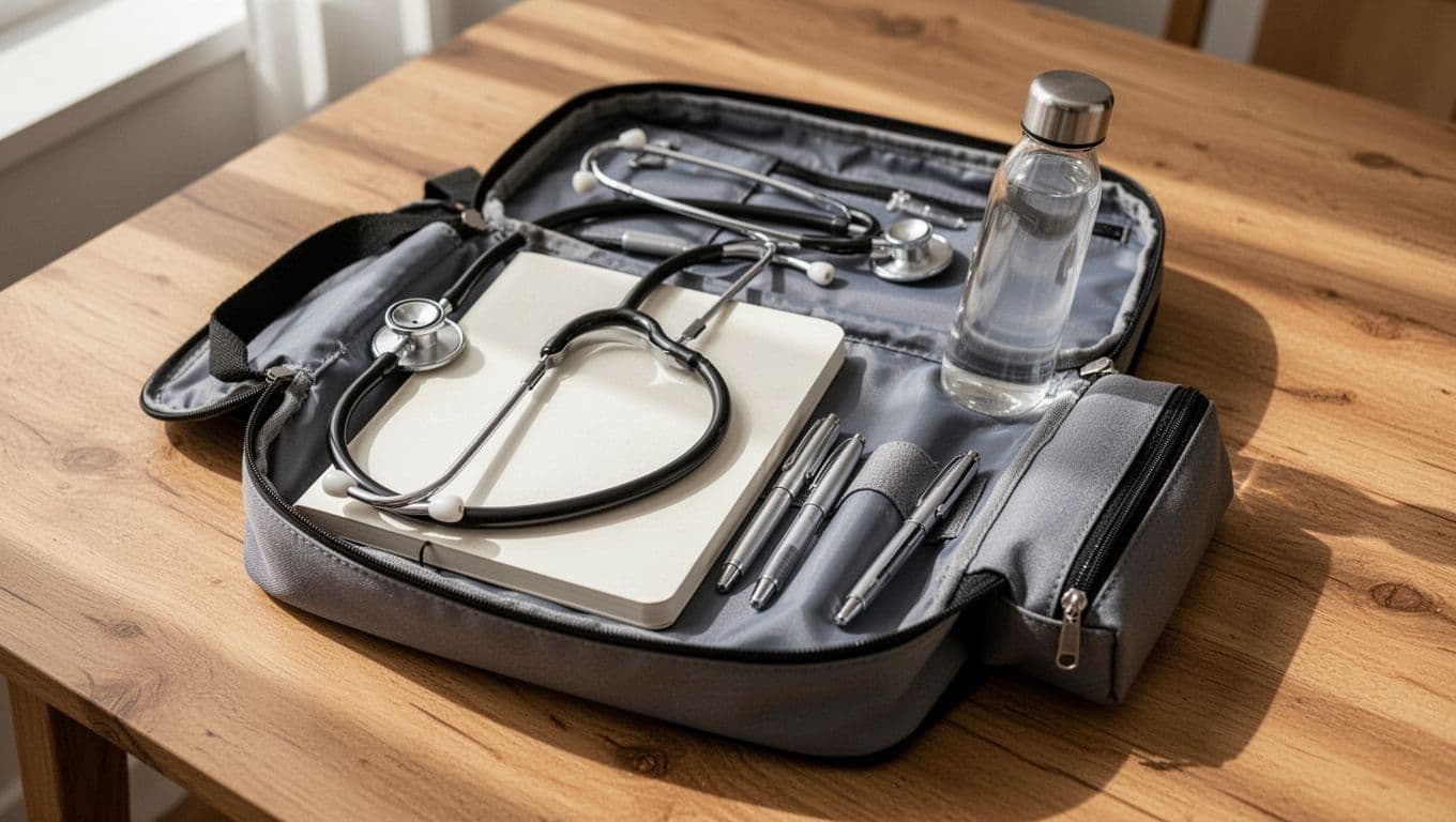 Open clinical bag with a stethoscope, notebook, pens, water bottle, and pouch on a wooden table.