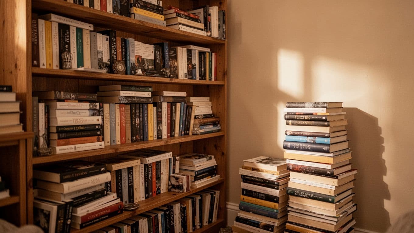 Cozy room corner with overflowing bookshelves and a stack of unread books in warm light.
