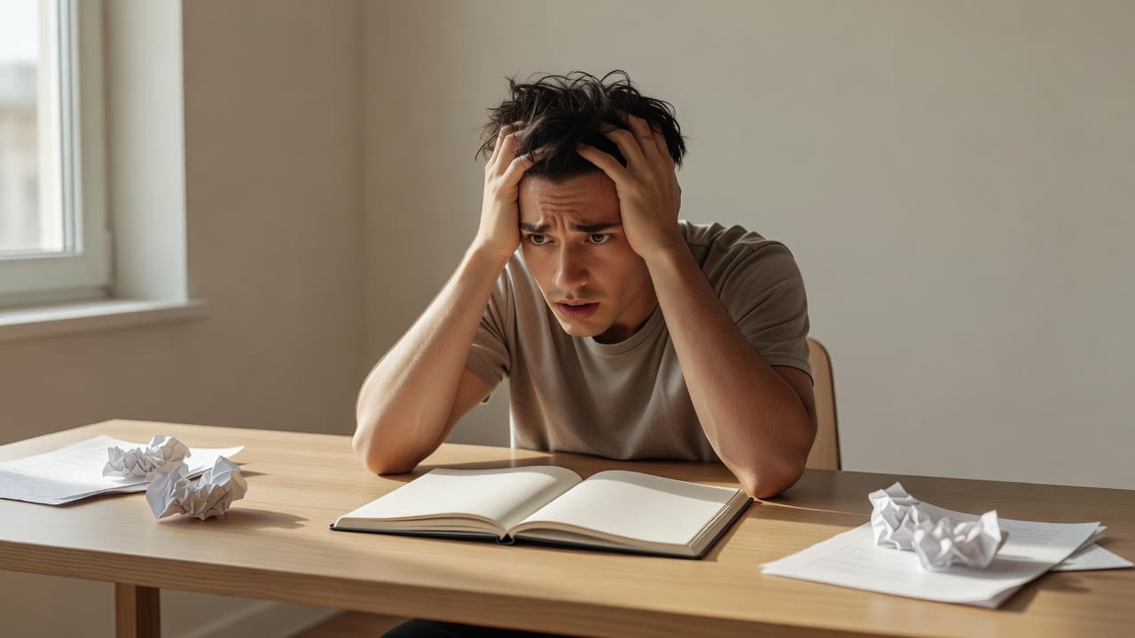 A stressed person sitting at a wooden desk staring at a blank notebook.