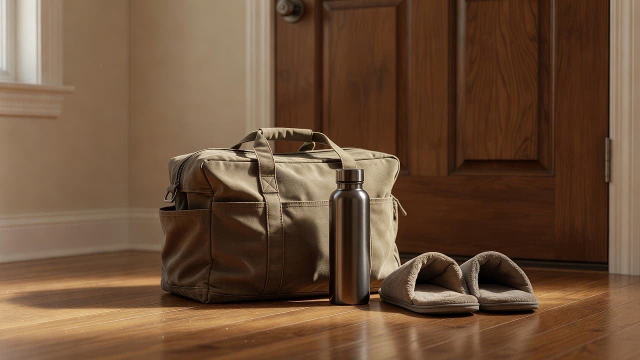 A packed canvas bag with a water bottle and slippers near a front door.