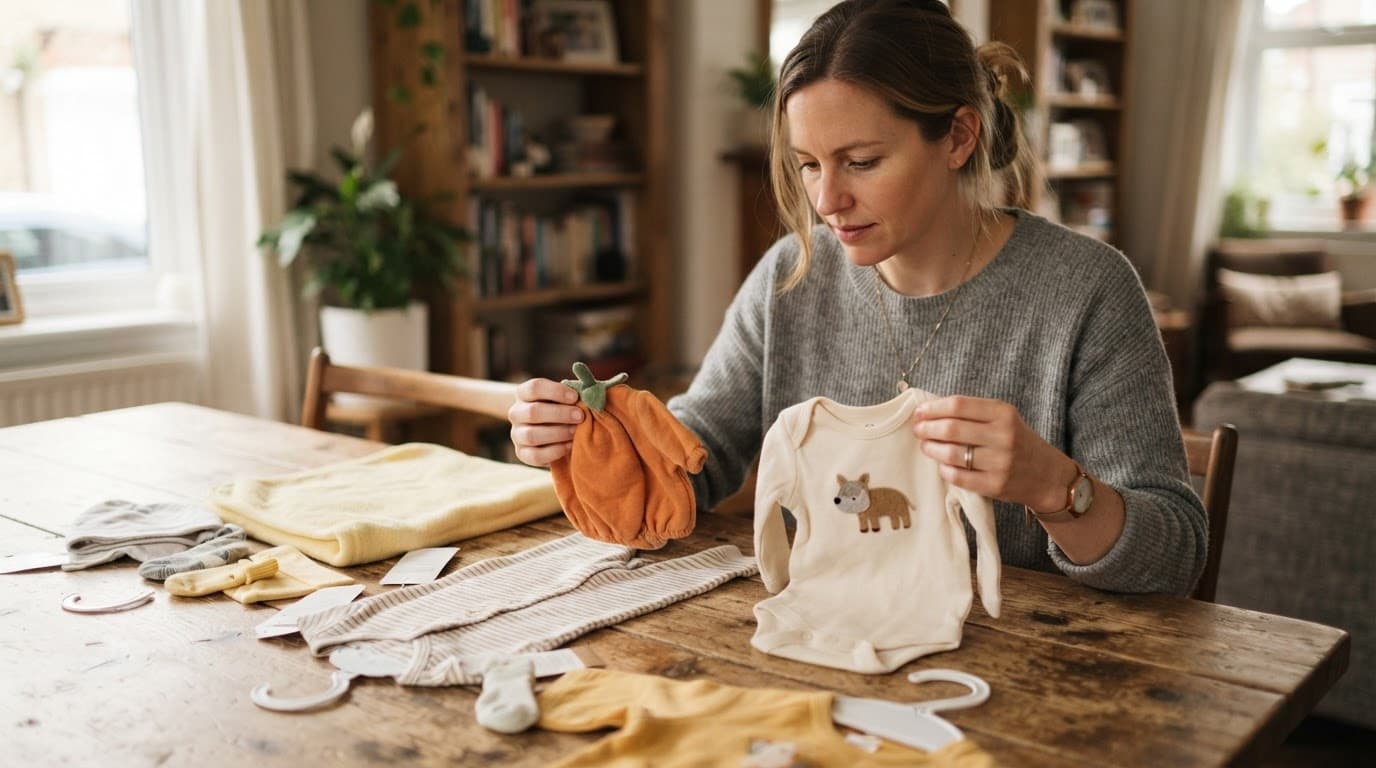 A parent compares baby clothes and fabric samples on a wooden table.