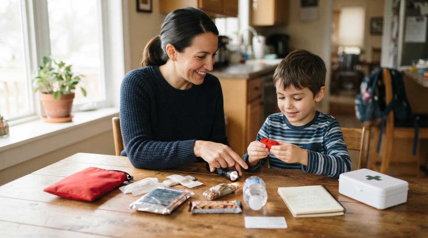 A parent and child review emergency supplies at a kitchen table.