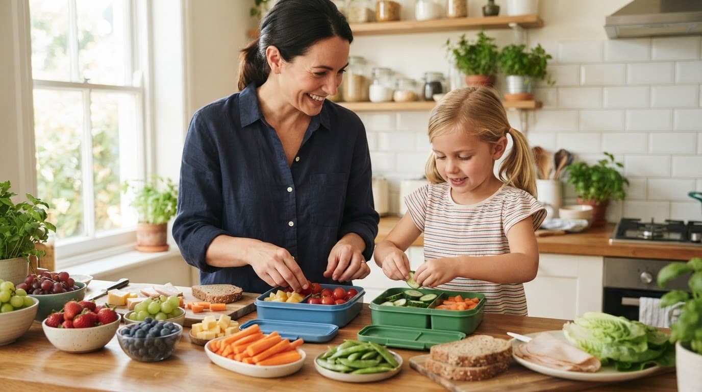 A parent and child pack lunchboxes with fruit and sandwiches in a bright kitchen.
